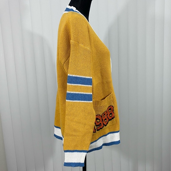 AELFRIC EDEN Unisex Varsity Letterman Sweater Cardigan Patchwork Yellow Gold M - Picture 6 of 12